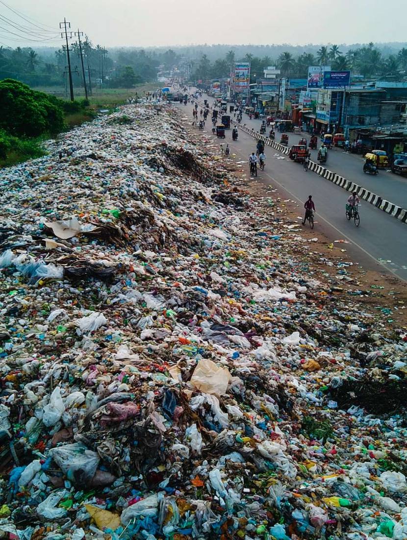 Garbage piled along a roadside