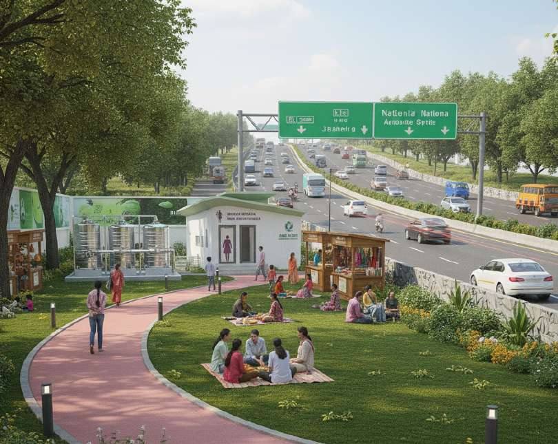 Rendering of a roadside community park with toilets along a highway